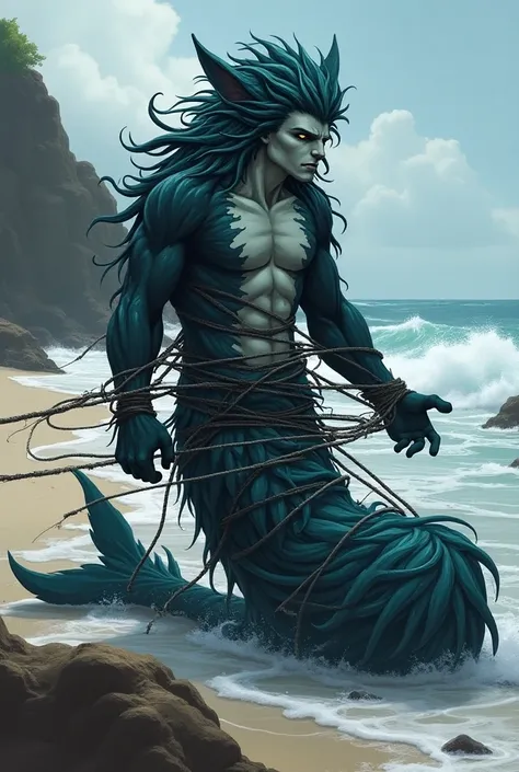 Create a drawing of a male merman furry with black, white, and ocean blue fur, with the merman furrys fur is long and all over his body, stuck on a beach, trapped in netting, trying to get back to the water