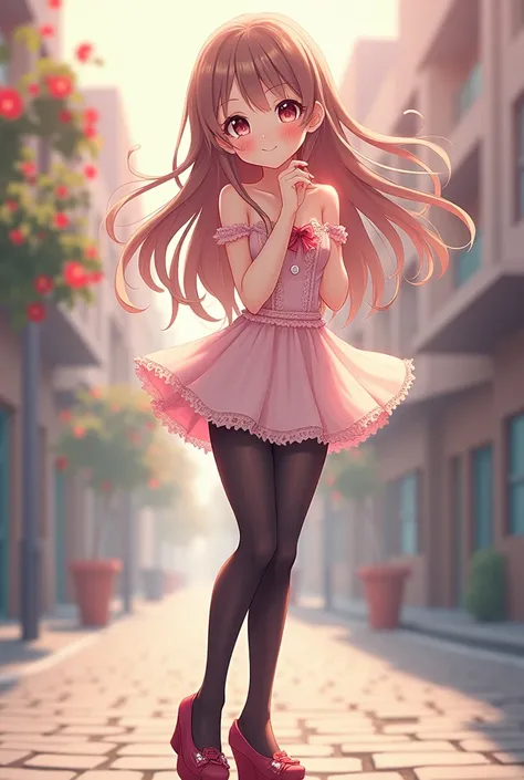 cute young anime girl in very short dress dark black pantyhose and platform wedge heels 