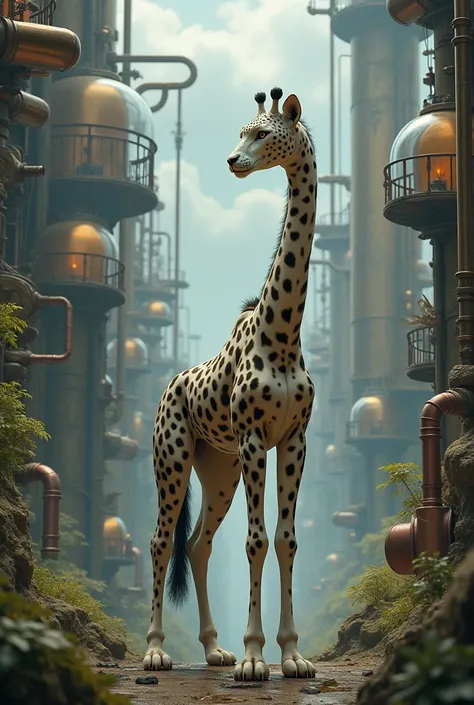 Snow leopard and giraffe hybrid on a steampunk landscape 