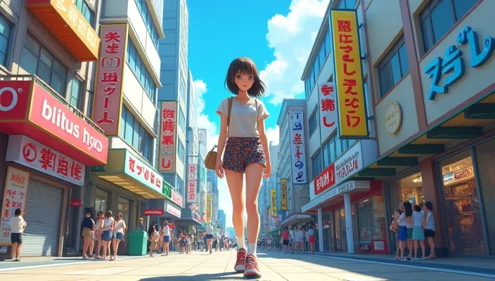 Create an image with a girl on a bright street in Japan