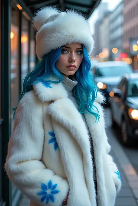 a beautiful girl with blue hair, wearing a white fur hat, a white fur coat with a blue pattern on the fur coat. it stands near the bus stop, cars are driving nearby