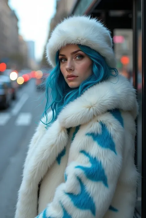 a beautiful girl with blue hair, wearing a white fur hat, a white fur coat with a blue pattern on the fur coat. it stands near the bus stop, cars are driving nearby