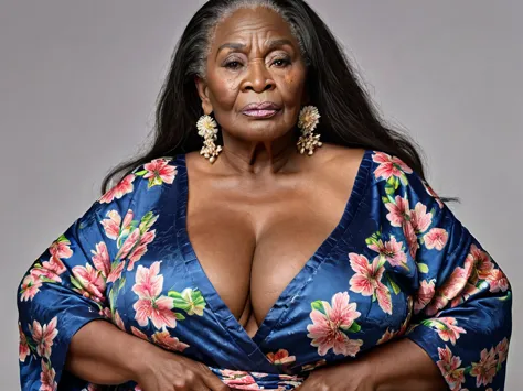 woman, two heads, two-heads, conjoined, (60yo), (old detailed wrinkled face and skin:1.3), (african ebony), brown long hair, extreme huge bust, massive gigantic huge overflowing shiny breasts, glamorous,wide hips, old realistic wrinkled face and skin, (puc...