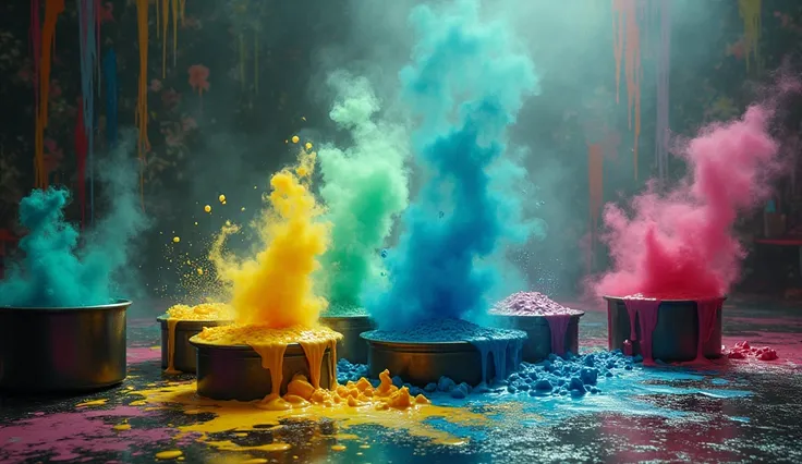 magical art studio where colors mix on their own: pots of paint spill over and combine (e.g., blue and yellow creating green), glowing as they form new hues.  