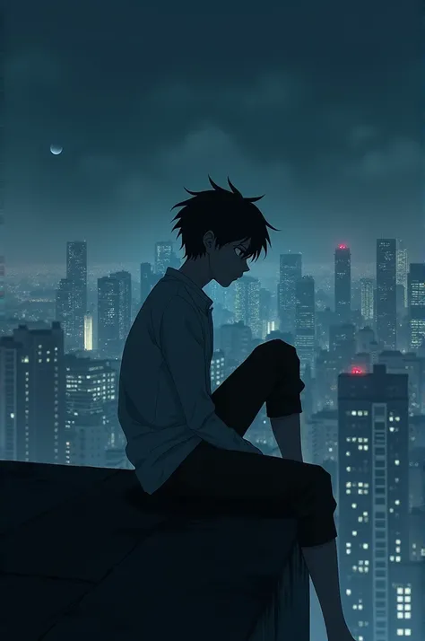 Anime sad boy sitting on rooftops of the night 