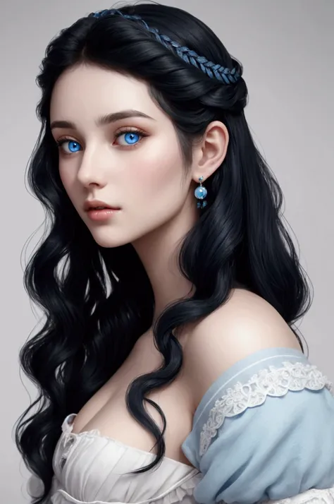 Europeia young woman. Straight blue-black hair with large waves, a small strand of hair falling on the forehead. White Skin and eyes light blue