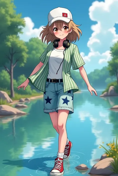 anime girl, Wade through water on the riverbank , smirks ;-) ,  shoulder-length wavy light brown hair , white baseball cap , headphones around the neck,  amber eyes ,  open shirt light green vertical stripes, white tank top,  light blue kneelong Bermuda sh...