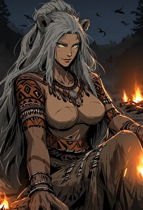 solo:1.3, female, lion woman, woman in her 50s, crows feet:1.3, very tall, broad shoulders, fit, bulky body, extremely long hair, tied hair, cavewoman, prehistoric, large beast claws, camp, night, bonfire, close up, slit pupils, yellow eyes, barbarian, pel...