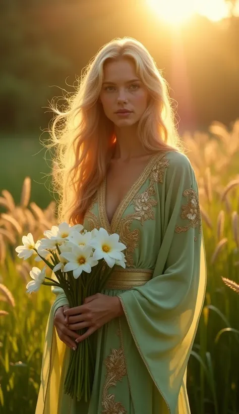 A cinematic full-body portrayal of a humanoid figure representing the zodiac sign Virgo. The character has an elegant, slender, yet strong human body, with soft, natural features embodying purity and wisdom. Her long, flowing golden hair moves gently in th...