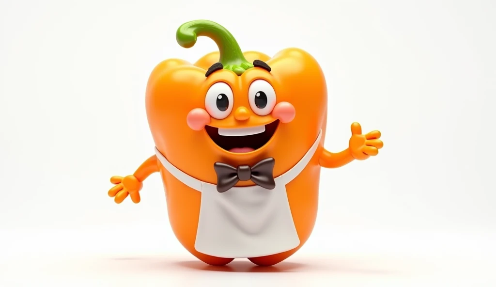 A cheerful anthropomorphic orange bell pepper character with cartoon eyes and a wide smile, wearing a tiny white chefs apron and a jaunty bow tie. Digital art style, vibrant colors, charming and expressive face, studio lighting, white background, 3D render...