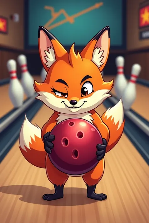  A funny fox with a bowling ball. In the background are bowling pins .