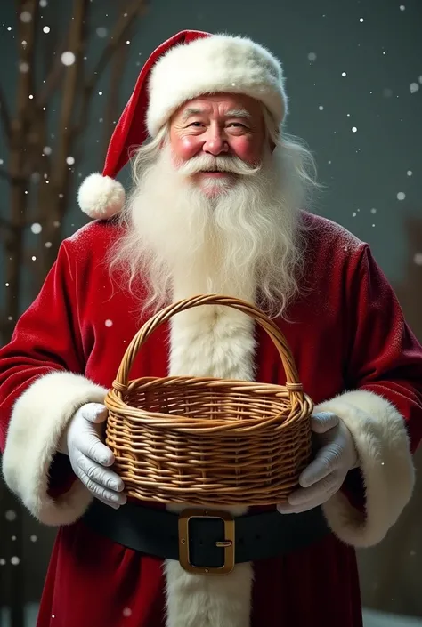 realistic full body photo of
Santa Claus holding an empty wicker basket in front of him 