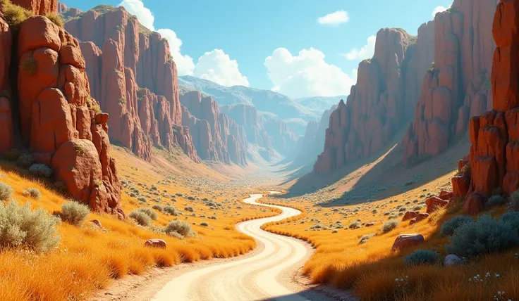 the road in the valley has cliffs and dry grass. 3D Pixar style