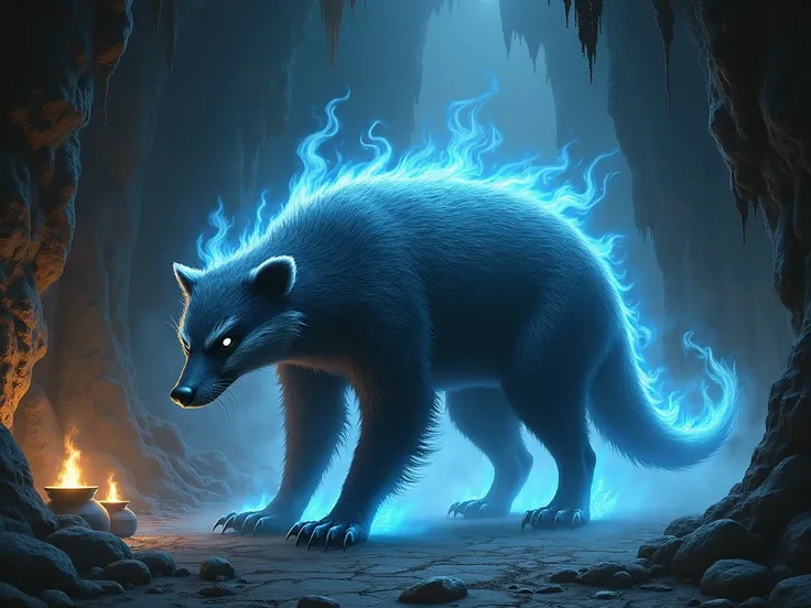 An ancient badger spirit or illusion glowing with a powerful and intimidating aura, set within a shadowy temple carved into a cavern. The badgers form is semi-transparent, with dark, smoky fur glowing faintly in ominous shades of silver and blue. Its eyes ...