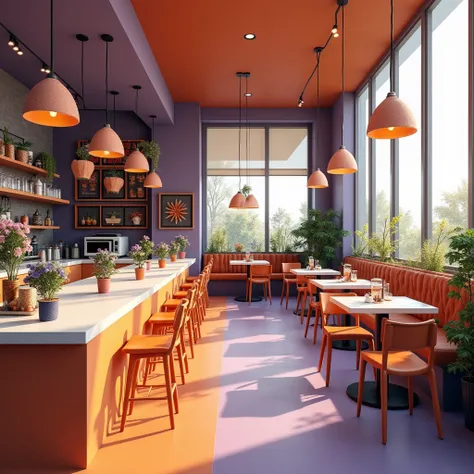  Generate a contemporary cafeteria, Natural lights ,  purple and orange decoration.  Y decoration of kittens and flowers 