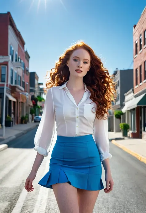 Madelaine Petsch, ((( on an empty street ))), ((( white top blouse ,  short tight blue skirt ))),  distant image, (( full body photograph )), (( insanely detailed face )), (((photography 4k ))), ((sun day)), (((blue sky, good day))),  bright colors , , alo...