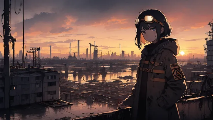 masterpiece, best quality, 1girl, (closeup), engineer, machinist, (yelow coat), (goggles on head), serious, dirty face, dirty clothes, on the roof, cityscape, flooded, industrial ruins, warm, desolate, dark, sunset, watercolor, sketch,((на фоне пустошей, к...