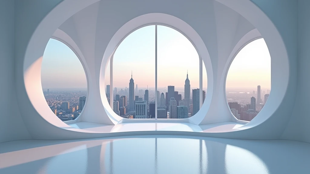 The image depicts a very sleek futuristic modern city. The white curved views are the highlight of the scene, placed opposite a large window that offers a panoramic view of the city skyline at dusk or dawn.