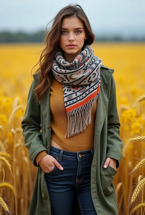 Generate a photo for the day of the Ukrainian scarf size 9 : 16 so that a woman is visible and full height ,  background is a field of wheat or flowers , a woman should be dressed in modern clothes and a traditional scarf on her head,  The scarf should har...