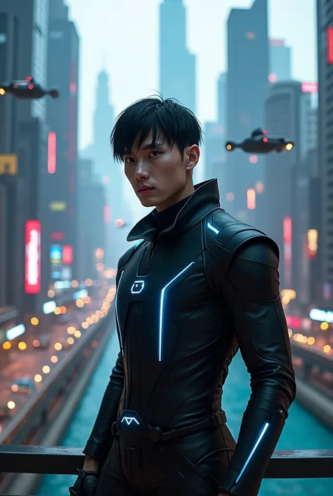 Futuristic city with flying cars and humanoids and a medium sized male with short black hair wearing black Futuristic suit with blue neon up close in movie poster format built with huge dick