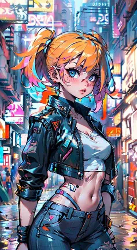 A highly detailed portrait of a beautiful girl with striking big blue eyes, long eyelashes, delicate nose, and full luscious lips, wearing a stylish white leather jacket and ripped blue jeans, standing in a cyberpunk street with cool graffiti on the wall, ...