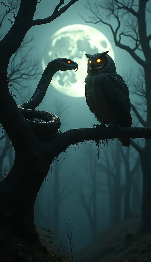 horrror scene, outlast, silent hill atmosphere. a massive cobra and a giant owl face each other on a twisted tree branch, high a...