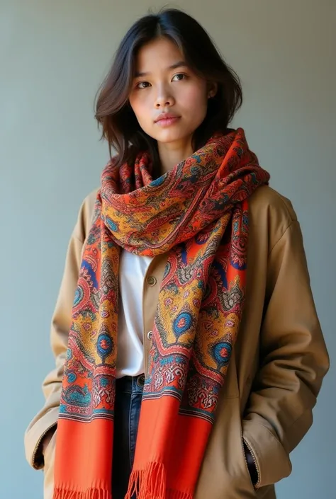  The scarf should harmoniously fit into the ensemble since ,  be bright and decorated with common ornaments , without national symbols . The clothes of the model should be stylish and trend,  reflect modern youth fashion trends . 