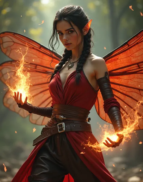 Masterpiece, UHD, 8K, A grimdark image tiny half-elf warrior that stands in a dynamic fighting stance, her dark hair in a braid, her (large dragonfly wings) shining in the sunlight. She wears a fancy red silk tunic, wide leather girdle and leather pants wi...