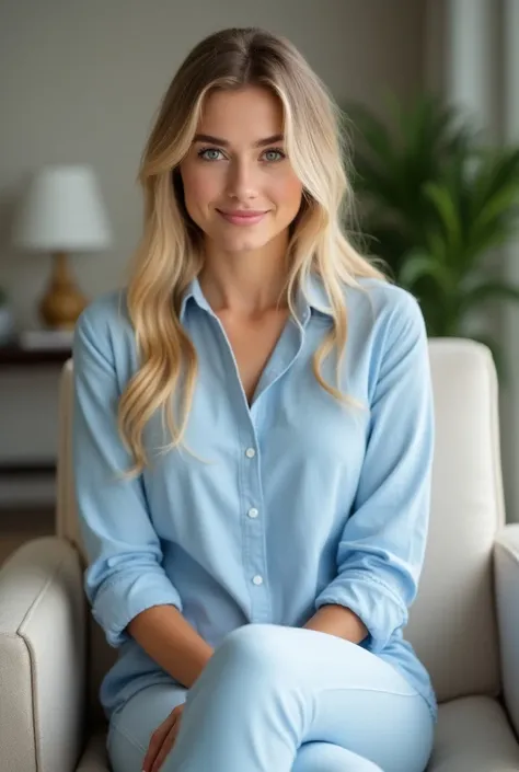 The image is a portrait of a young woman sitting on a beige armchair. She is wearing a light blue button-down shirt and matching pants. Her blonde hair is styled in loose waves and she is looking directly at the camera with a slight smile on her face. The ...