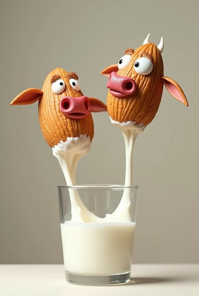 Almonds with eyes , nose and mouth with red lips and udders from which the milk that is filling a glass comes out