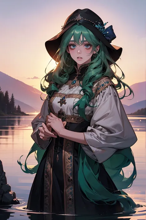 A beautiful young girl with long green hair, intense blue eyes, wearing a fresh white medieval dress, with an innocent gaze, rosy cheeks, age 16, standing in front of an enchanted lake, feet in the water, playing with the water, manga style, (best quality,...