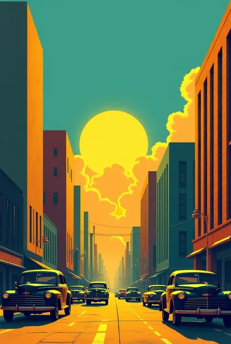 Generate an illustration of a retro city street at sunrise or sunset, with a large, vibrant sun low in the sky casting bold, dramatic shadows. The scene is framed by tall, rectangular buildings on both sides of the street, which are bathed in a strong, con...