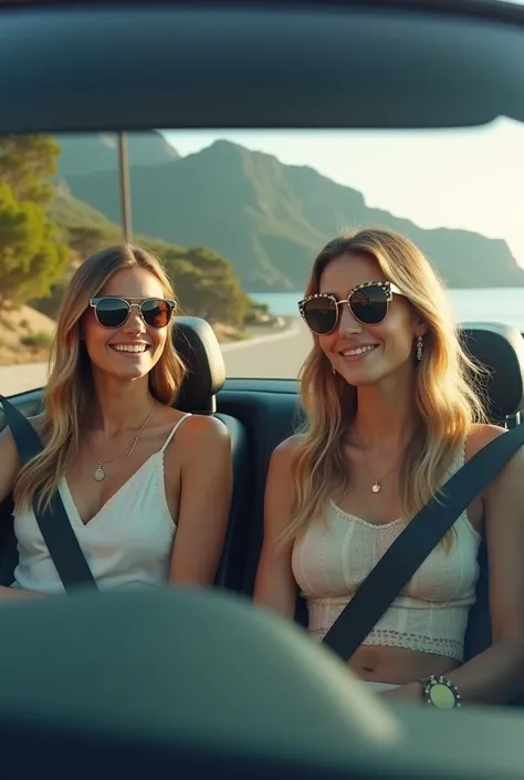 Two 35-year-old girls in a luxury Mercedes car going to the beach