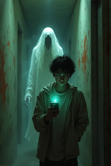  A night scene in a dark corridor .  A young man with a panicked expression holds an old cell phone that shines with a faint greenish glow. Behind him,  a figure of faith dressed in white , tall and with long hair ,  begins to appear in the shadows .  The ...