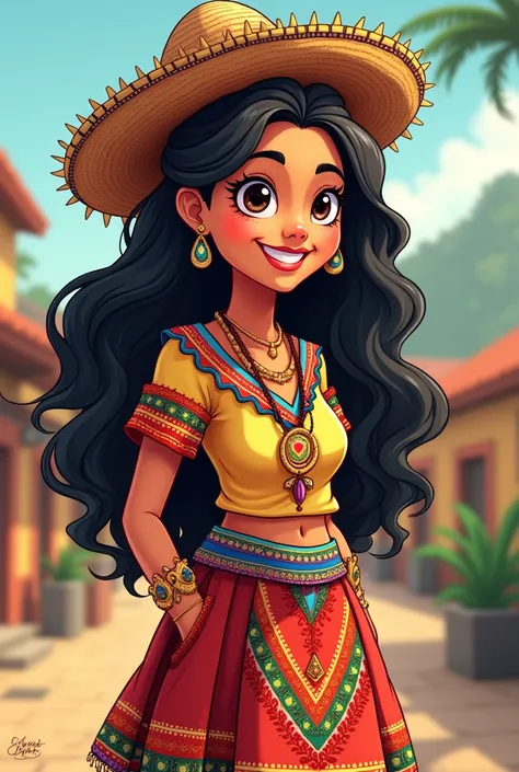 Cartoon of a woman with wavy hair wearing a typical outfit from the country of Panama in green.