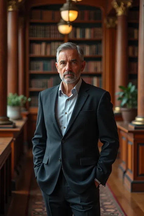 Man standing looking at the camera in a library 