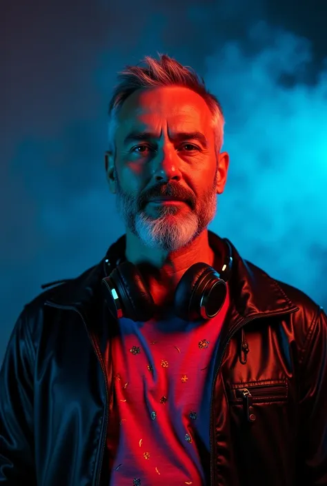 EDITORIAL PHOTOGRAPH  posing as dj FULL WIDE BODY SHOT  of a light skin   man in his 40s with short brown and white hair and a trimmed beard. handsome He is wearing around neck  headphones with a   logo and   modern shiny black jacket tom ford style over a...