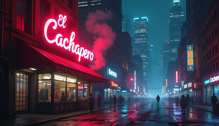 Night city background with sign on the top left that says El Cachapero, In neon lights with smoke . 