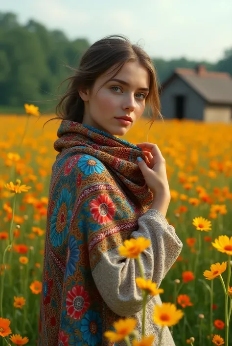 Generate a photo for the day of the Ukrainian scarf size 9 :16 so that the woman can be seen make the emphasis on the full height background this is a field of flowers and a hut 