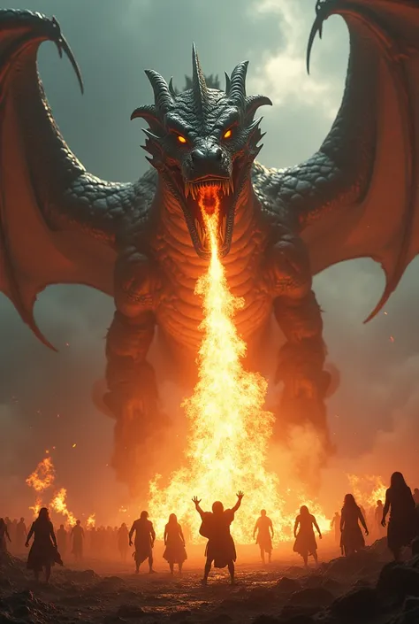 Dragon spitting fire to humans. 