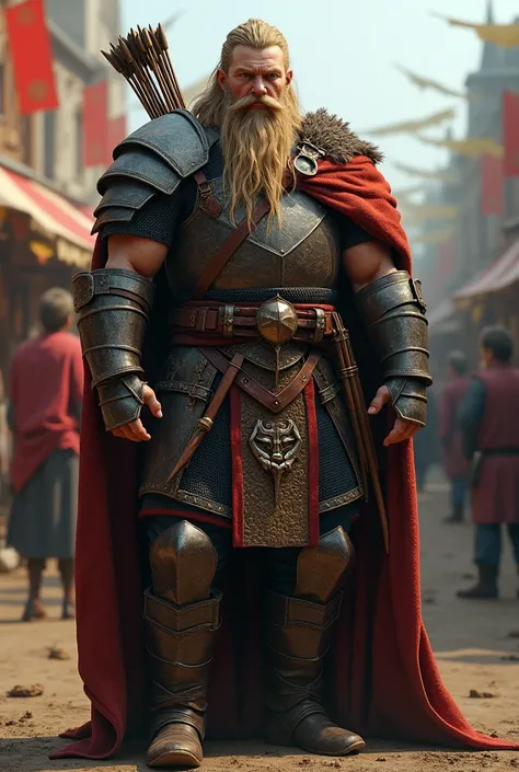 Medieval fair-haired warrior with a very strong braided beard with a sword mounted a bow and arrows on his back