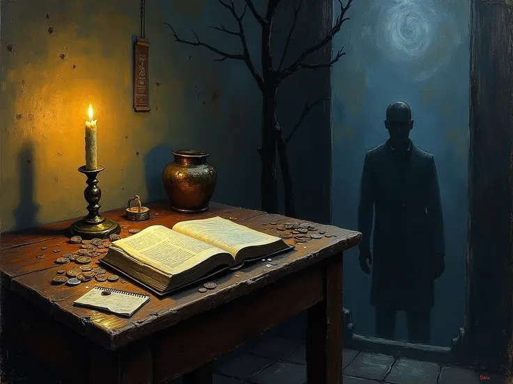 Painting Style: A dark, impressionistic painting infused with esfumato, blended with Van Goghs swirling, dynamic brushwork. The room is dimly lit, with a weathered wooden desk at the center. On it lies a mysterious, ancient Bible glowing faintly in the fli...