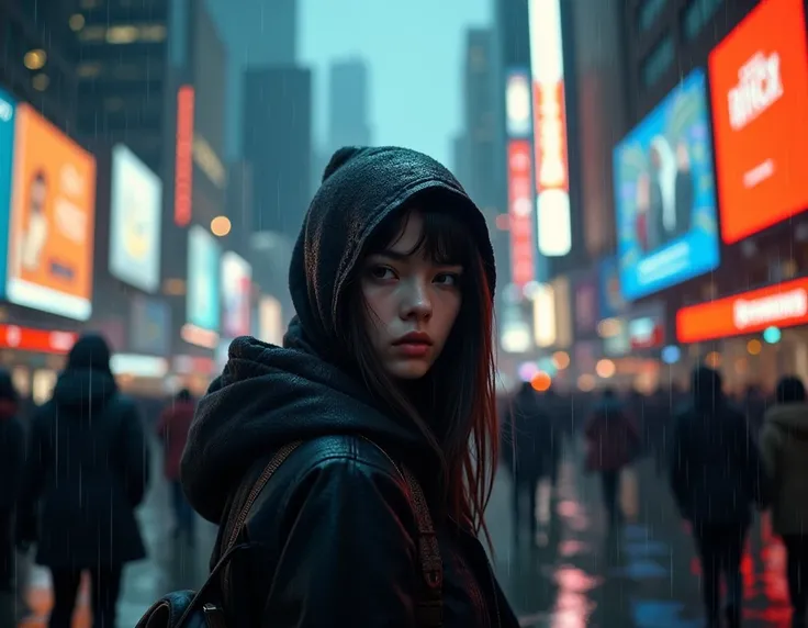 a person walking alone in a busy city, detailed face, extremely detailed eyes, beautiful detailed lips, high quality, 8k, photorealistic, cinematic lighting, urban landscape, crowded street, skyscrapers, neon lights, rainy weather, moody atmosphere, dramat...