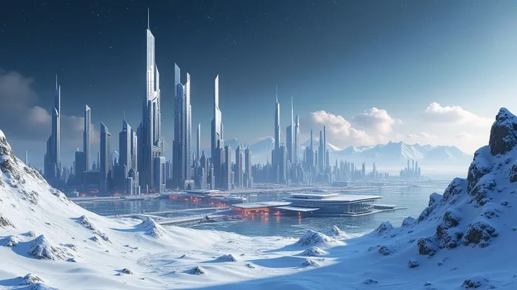 The image depicts a very sleek futuristic modern city. Panoramic view of the city skyline with snow and starry sky