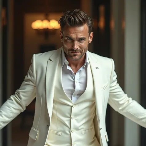 A hyper-realistic cinematic portrait of a handsome 30-year-old man with piercing blue eyes, exuding an aura of wealth and arrogance. He is wearing an immaculate white suit, tailored to perfection, with the jacket open to reveal a sleek, high-end vest and a...