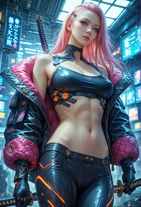 a Futuristic female warrior holding a katana, (Detailed skin), Pale skin, (in a deep neckline highly detailed sexy Futuristic cyberpunk black crop top and underpants made of circuit boards, Japanese words with glitter effect, Magnificent epic composition, ...