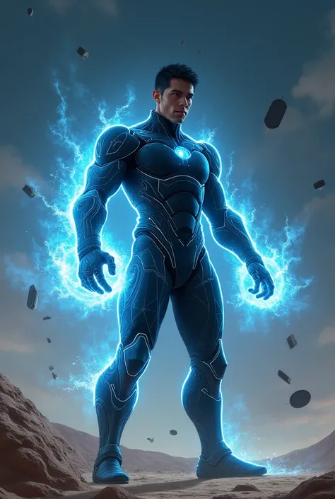 Medium build male with short black hair wearing black Futuristic suit with blue neon and blue energy coming out of his hands and body in the desert with night time background and satellite debris falling from the sky realistic up close 