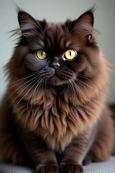 A chocolate-colored cat with green and yellow eyes Persian breed