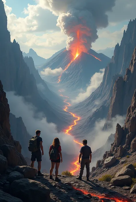 Create 3 people in 
 A mountain looking at a volcano that plumes of steam are coming out of cracks in the rock.