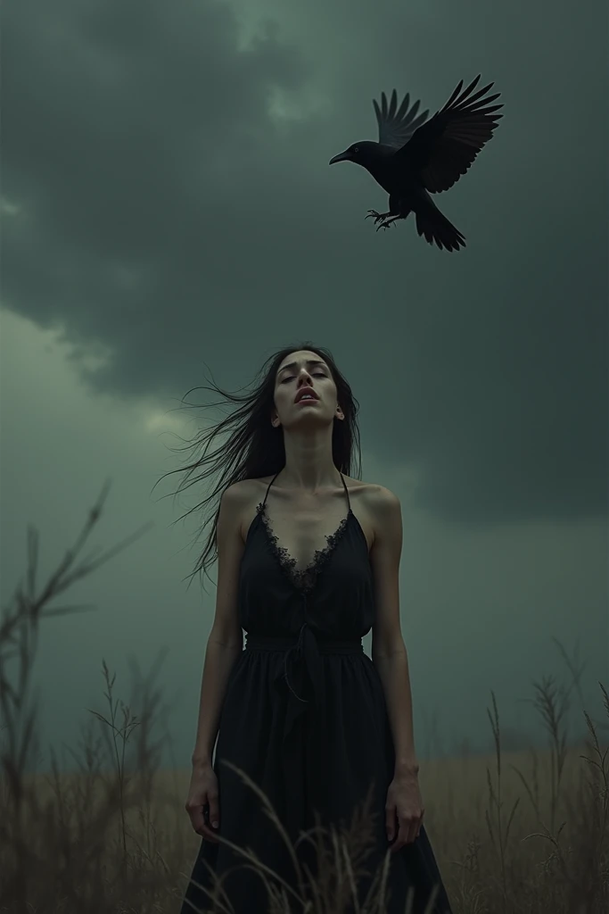 A black crow flies between her and the sky. The sky is black. She is very tired and has anger with God. She dressed black and dirty dress